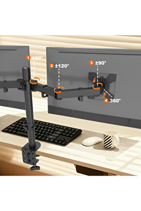 Çift-İki Kollu Monitör Tutucu Çelik Alışımlı Ergo- Yüksekliği Ayarlanabilir Monitör Standı 13-32