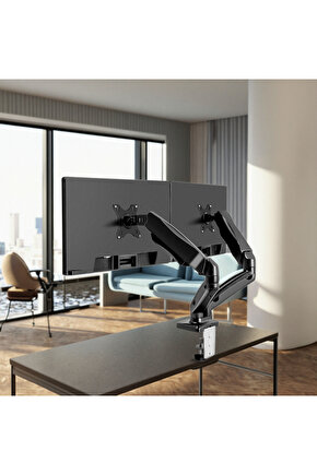 Amortisörlü Çift Monitör Standı 17-32 Gazlı İkili Monitör Kolu | Tam Hareketli VESA Uyumlu Tutucu