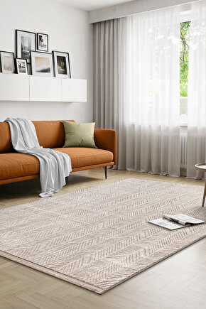 Yalın Modern Dokuma Halı Kaymaz Tabanlı Yıkanabilir Salon ve Oturma Odası Halısı 5577 Bej