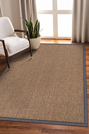 0465-Gri Kumaş Bordür Sisal Jut Halı Kilim Hav Toz Vermez Kolay Temizlenen Hasır Kilim