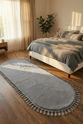 Puffy Gri Oval Örgü Saçaklı Peluş Yumuşacık Yıkanabilir Kaymaz Taban Halı Salon Oturma Odası