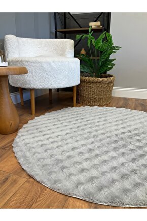 Bubble Tavşan Yuvarlak Post Yumuşacık Tavşan Tüyü Kaymaz Yıkanabilir Gri