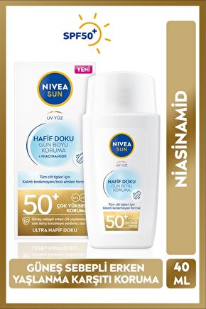 SUN SPF50 Hafif Dokulu Güneş Koruyucu Yüz Kremi 40ml, Yüksek Güneş Koruyucu, Erken Yaşlanma Karşıtı