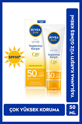 SUN SPF50 Q10 Yaşlanma Karşıtı Yüz Güneş Koruyucu Krem 50ml, Çok Yüksek Koruyucu,Antioksidan,Renksiz