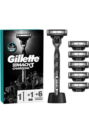 Mach 3 Charcoal Tıraş Makinesi + 6 Up Yedek Tıraş Bıçağı + Premium Stand
