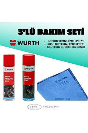 WÜRTH 3 PARÇA BAKIM SETİ MOTOR TEMİZLEME SPREYİ+ARAÇ İÇİ TEMİZLEME SPREYİ+SENTETİK GÜDERİ BEZ 38X60