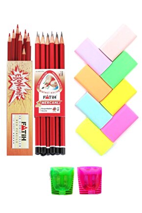 Kurşun Kalem 12 Adet + 12 Adet Kırmızı Başlık Kalemi + 2 Adet Onas Kalemtraş + 8li Pastel Silgi