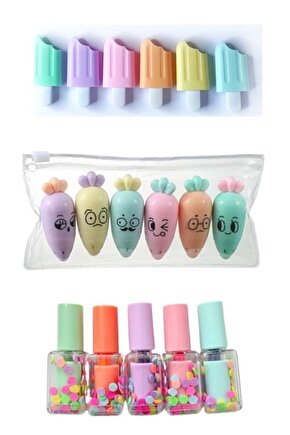 Mini 3 Parça Fosforlu Kalemler Seti - Dondurma - Sevimli Havuç Ve Oje Fosforlu - Ege Fotokopi Seti