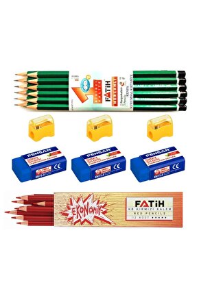 12li Mercanlı Kurşun Kalem 12li Kırmızı Kopya Kalemi 3 Sınav Silgisi 3 Kalem Açacağı Set