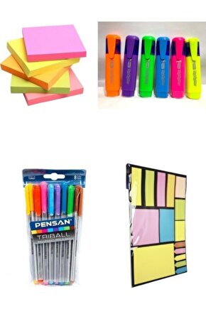 13 Parça Kırtasiye Seti ( Renkli Tükenmez Kalem + Post-It + Fosforlu Kalem + A4 Post-It Seti