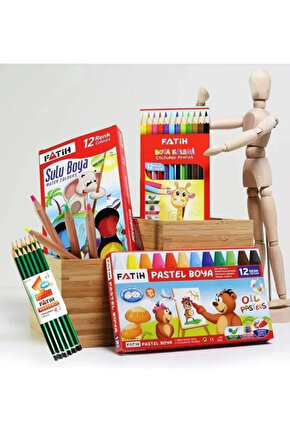 4lü Okul Seti - (12li Mercanlı KurşunKalem + 12li Kuru Boya + 12li Pastel Boya + 12li Sul