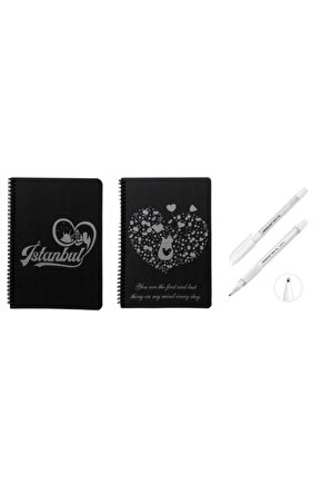 2 Adet Desenli Siyah Defter Siyah Yapraklı Defter - Siyah Sayfalı Defter 2 Adet Beyaz Jel Kalem Side