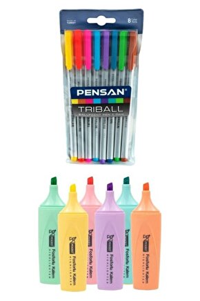 Triball Tükenmez Kalem Seti 8 Renk ve Mikro Fosforlu Kalem 6 Renk Kırtasiye Ürünleri