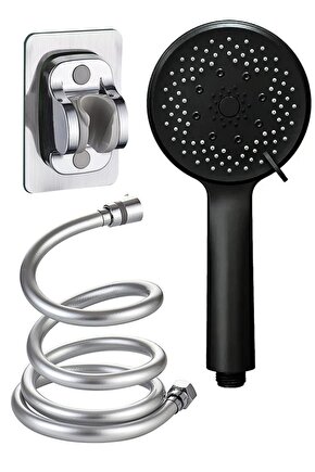 Siyah Duş Seti Lüks 5 Fonksiyonlu Ayarlanabilir Duş Başlığı - Yapışkanlı Mafsal-pvc Hortum 150 Cm