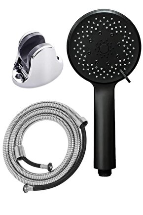 Siyah Duş Seti Lüks 5 Fonksiyonlu Ayarlanabilir Duş başlığı - Yapışkanlı Mafsal - ip örgülü hortum