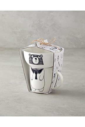 Mingles Teddy New Bone China Kaseli Kupa 360 ml-13 cm Siyah - Beyaz