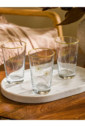 Gold Çiçek Baskılı Cam Su Bardağı 3lü - 400 Ml