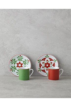 Vivy Porselen 4 Parça 2 Kişilik Kahve Fincan Takımı 80 ml Bordo-Yeşil