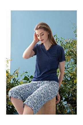 Leaf Viskon Kadın Pijama Takımı Lacivert