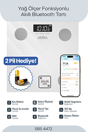 SBS-4472 Bluetooth Dijital Yağ Su Kas Vücut Kitle Endeksi Kilo Ölçer Tartı Baskül