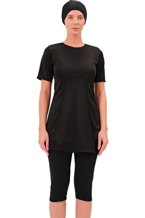 Yarım Kol Düz Yarı Tesettür Mayo 7832 Siyah Büyük Beden