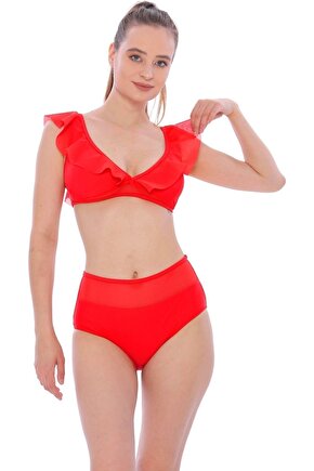 Düz Fırfırlı Yüksek Bel Yeni Bikini 5029 Kırmızı