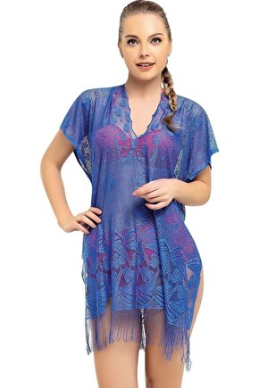 Düz Dantelli Püsküllü Plaj Elbisesi Pareo 9010 Saks