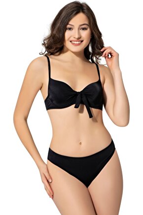İnce Askılı Balenli Fiyonklu Sert Kaplı Bikini 5040 Siyah Büyük Beden