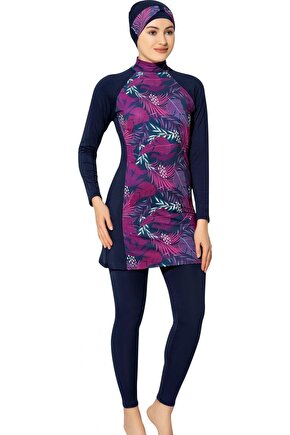 Uzun Kollu Yaprak Desenli Esnek Tam Tesettür Mayo 7560 Lacivert Büyük Beden
