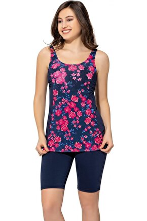 Taytkini Desenli Şortlu Tankini 5532 Desenli Lacivert