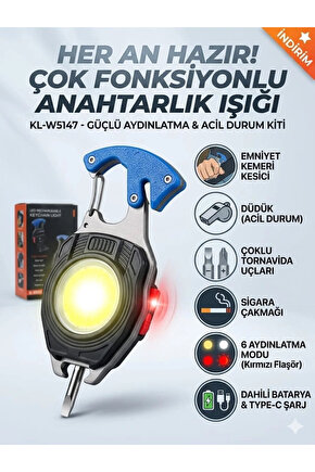 Kamp Feneri Çok Fonksiyonlu Fener Anahtarlık Usb Çakmak Cam Kırıcı Kesici Düdük Tornavida Açacak