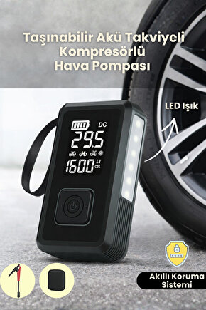 Şarjlı Pompa, Starter Akü Takviyesi, Fener, Powerbank Özellikli, Taşınabilir Kompresör, Araç Pompası