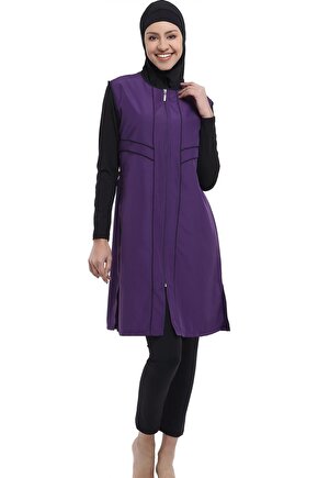 Kadın Mor Mikro Kollu Biyeli Tesettür Mayo