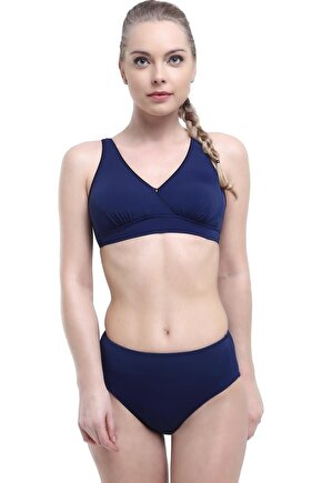 Kadın Lacivert Düz Kruvaze Battal Bikini Takımı