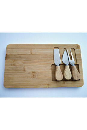 Doğal Bambu Bıçaklı Peynir Servis Sunum Tabağı Kahvaltı Sunum Tahtası Seti 4 Parça 30x17 Cm