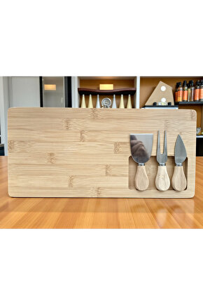 Doğal Bambu Bıçaklı Peynir Servis Sunum Tabağı Kahvaltı Sunum Tahtası Seti 4 Parça 38x18 Cm