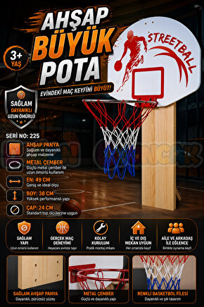 Ahşap Büyük Pota - Basketbol Maçı - Basketbol Oyuncak - Basket Oyunu - Büyük Pota Seti - Pota Oyunca