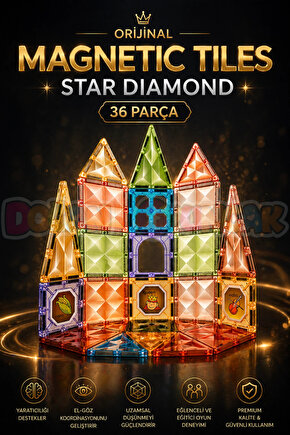 Orijinal Magnetic Tiles Star Diamond 36 Parça Manyetik Lego - Magnetic Magical Magnet - Mıknatıslı L