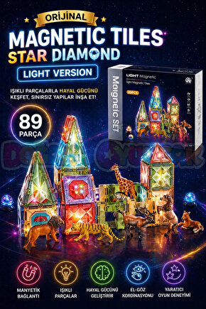 Orijinal Magnetic Tiles Star Diamond Light Version 89 Parça Işıklı Manyetik Lego - Mıknatıslı Lego L