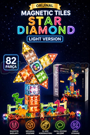 Orijinal Magnetic Tiles Star Diamond Light Version 82 Parça Işıklı Manyetik Lego - Mıknatıslı Lego L