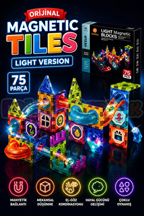Orijinal Magnetic Tiles Light Version 75 Parça Işıklı Manyetik Lego - Magnetic Magical Işıklı Magnet