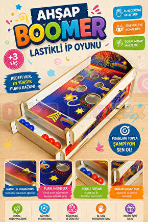 Ahşap Boomer Lastikli İp Oyunu - Pinball Oyunu - Deliğe Top Atma Oyunu - Pinbal Ahşap Oyuncak - Boom