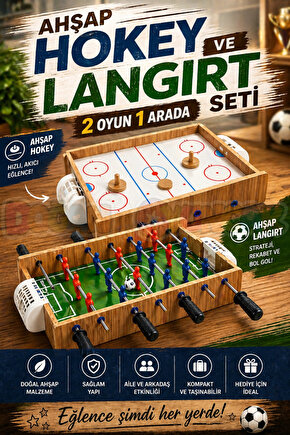 Ahşap Hokey ve Ahşap Langırt Seti - Ahşap Oyuncak - Futbol Oyuncakları - Top Oyuncak Langırt Setleri