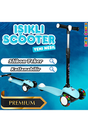 Lupa Katlanabilir Işıklı 3 Tekerlekli Turkuaz Scooter - Işıklı Scooter - Slikon Teker Scooter - Çocu