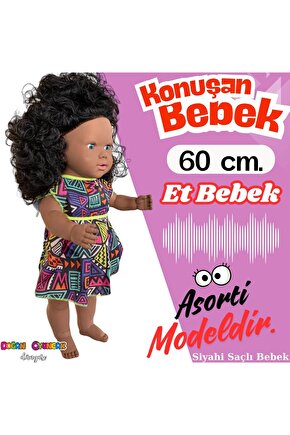 Oynar Gözlü Türkçe Konuşan Siyahi Nazlı Saçlı Et Bebek 60 Cm. - Konuşabilen Bebek - Saçlı Büyük Bebe