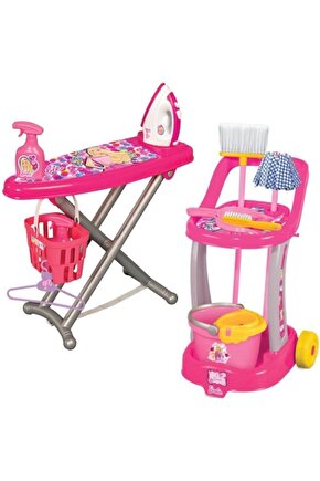 Barbie Oyuncak Temizlik Arabası + Barbie Oyuncak Ütü Masası Eğitici Oyuncak Set