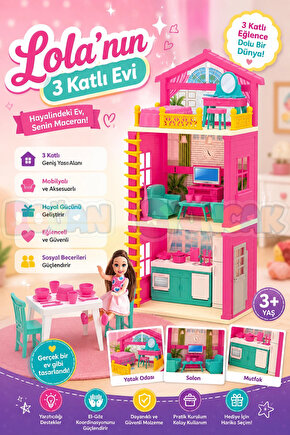 Lolanın 3 Katlı Evi - Ev Oyuncak - Lolanın 3 Katlı Ev Seti - Barbie Ev Seti