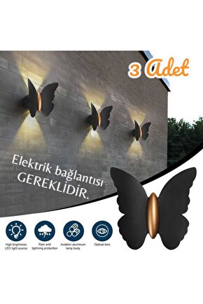 3 Adet Elektrikle Çalışır, 6 Watt Gün Işığı Ledli Kelebek Duvar Aplik İç ve Dış Mekan IP65 Aplik