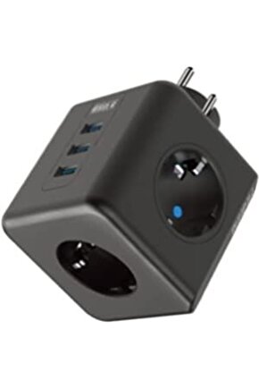 Isıya Dayanıklı Termal, Akım Korumalı 16A 4000W, 3xUSB, 2.1 A, 3 Priz, Çocuk Korumalı Çoklu Küp Priz