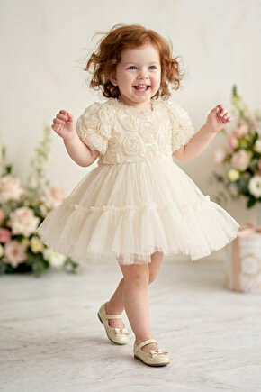 Kız Bebek Kız Çocuk Doğum Günü Parti Düğün Elbise Kısa Kol Güllü Fiyonklu Tüllü Tütü Astarlı